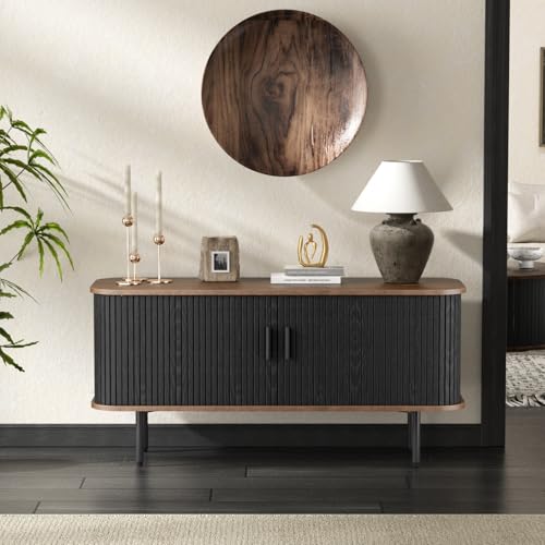 47''W Black Cabinet with Storage, Media Console, Tambour TV Stand, Television Stands with Curvy Edge & Sliding Door, Fluted Cabinet, Buffet Sideboard, Credenza, Table Stand for Living Room, Kitchen