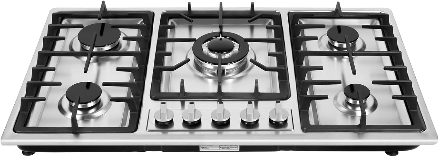 34 Inch Gas Cooktop 5 Burners Stainless Steel Gas Stove Top Built-in Gas Stove Cooktop Tempered Glass Panel LPG/NG Gas Cooktop Cooker Easy to Clean