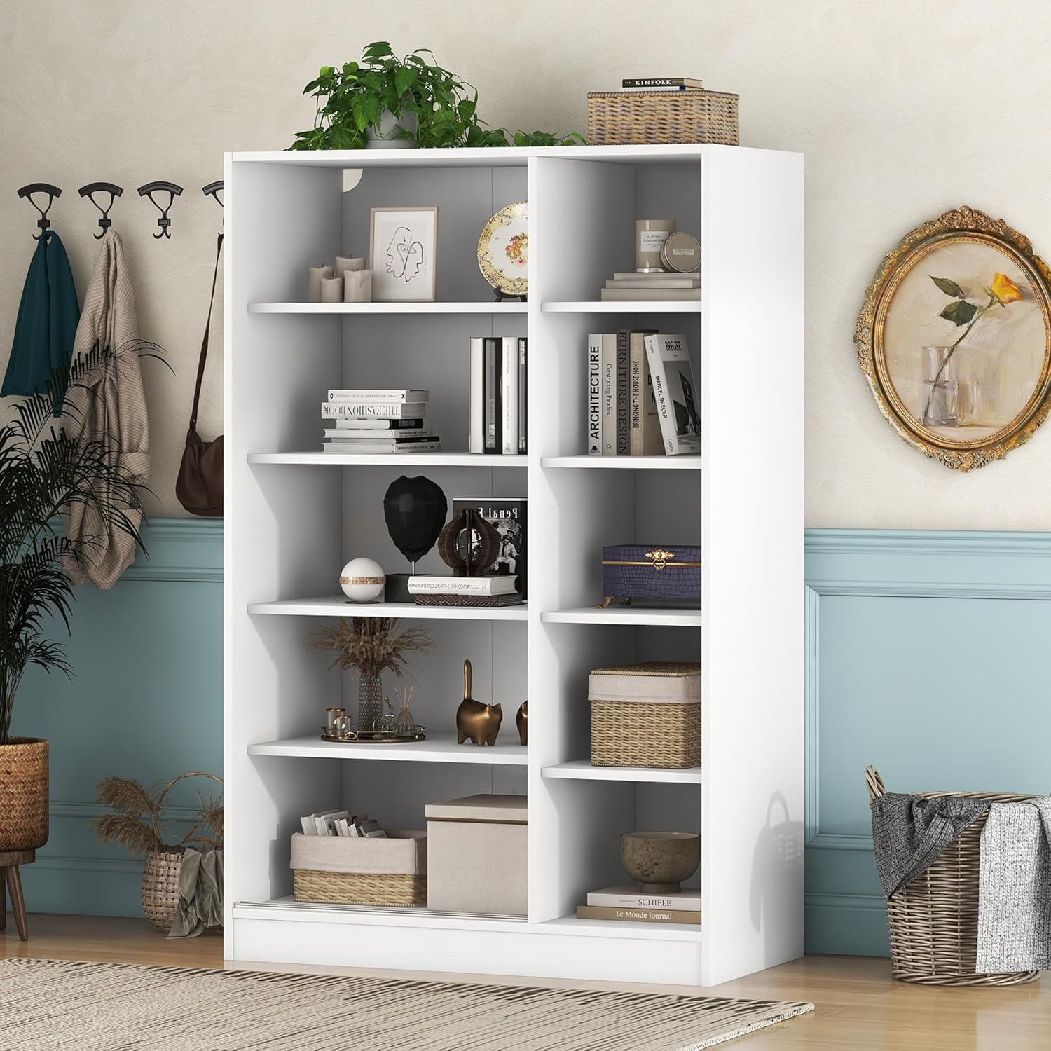 3 Doors Wardrobe Armoire Closet with Storage Shelves and Hanging Rail, Wood Shutter Bedroom Clothes Cabinet Organizer, White