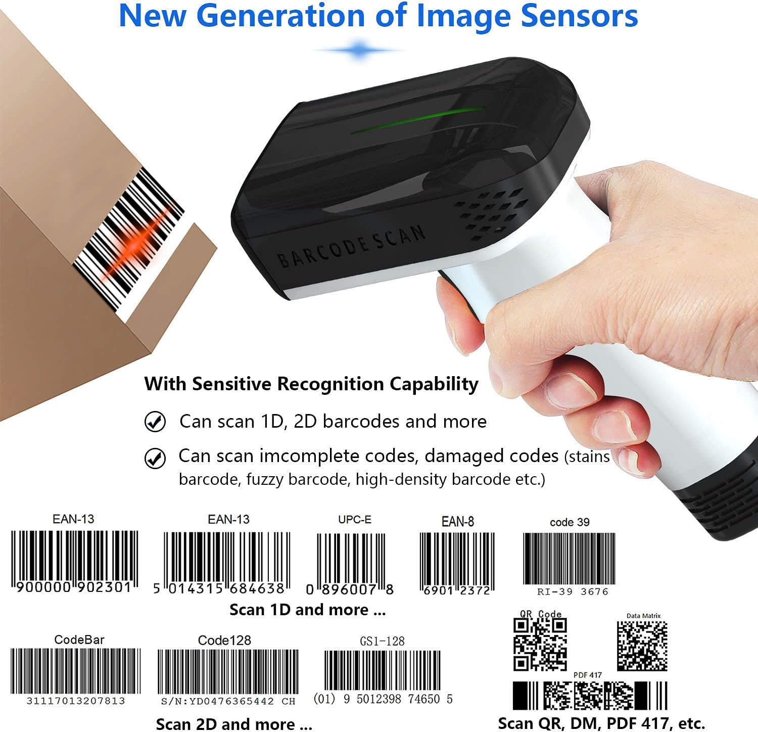 CHITENG Barcode Scanner Wireless, 1D/2D QR Code Scanner for PC, Handheld Bar Code Scanner with Vibration Alert, Plug & Play, USB Scanner Barcode for Warehouse, Supermarket, Store - White