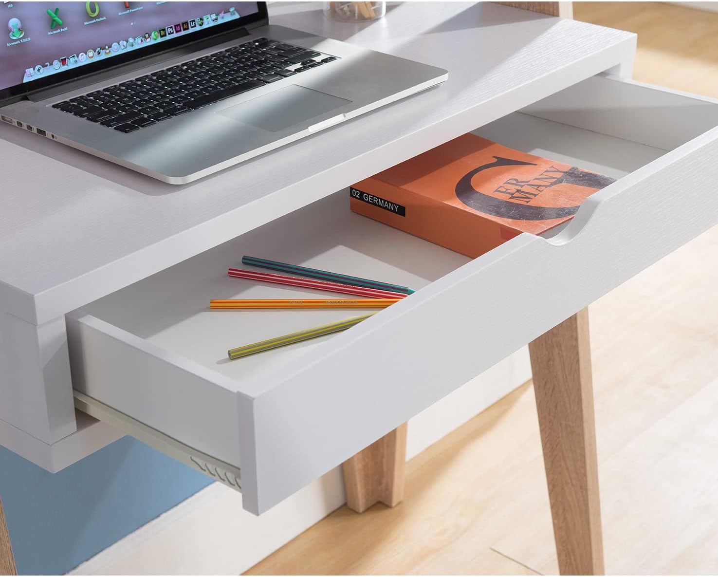 Ladder Desk Two- Tone, Home Office Study Desk with Drawer and Two Shelves in White & Weathered White
