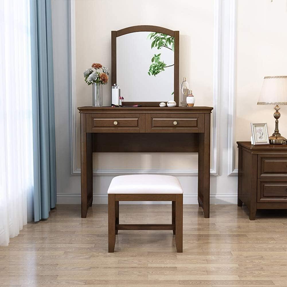 Luxury Dressing Vanity Table w/Stool for Bedroom, Antique Vanity Table Set with Mirror, 2 Drawers, Solid Wood Legs, Cushioned Stool, Dressing Table for Women