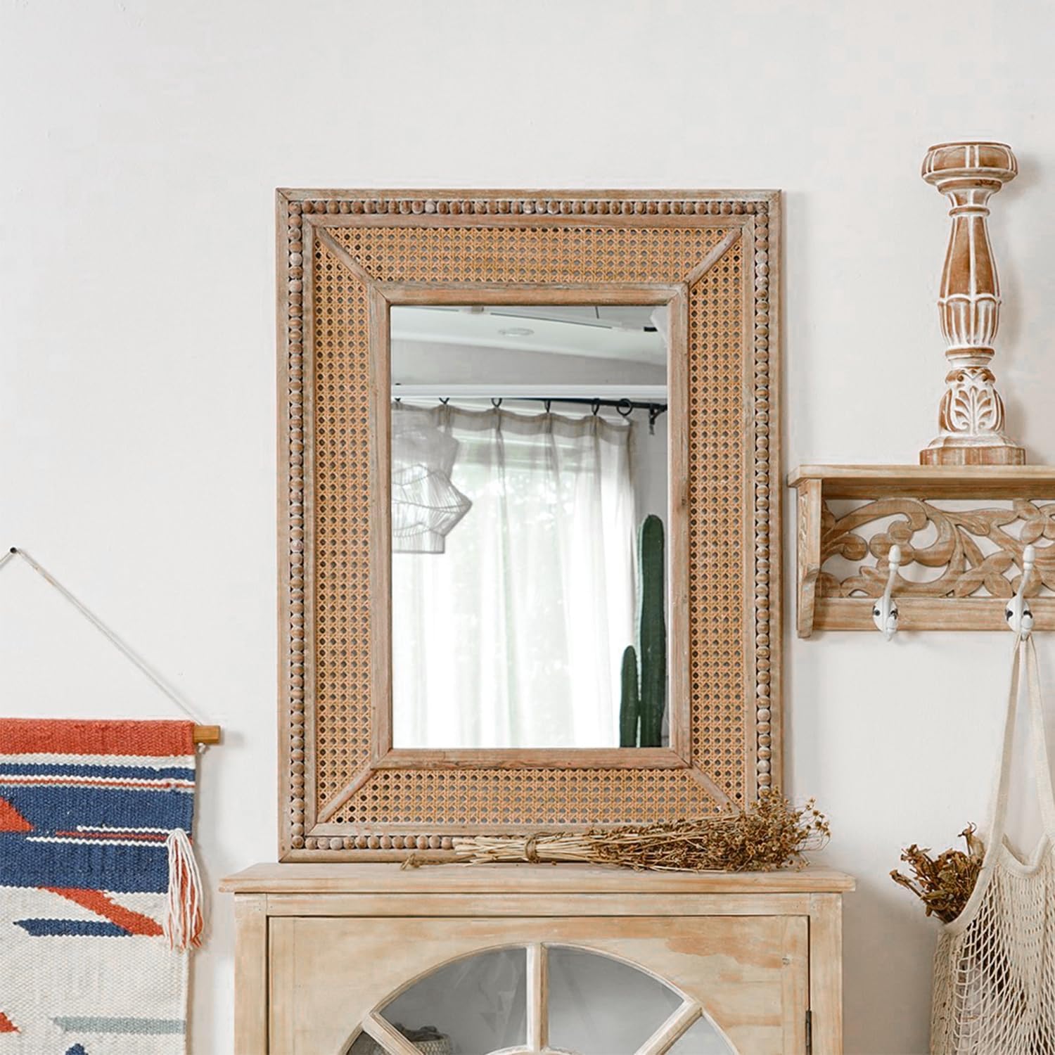 Boho Rattan Wall Mirror Wooden Framed Rectangle Mirror Wood Decorative Farmhouse Hanging Mirror for Bathroom Vanity Entryway Living Room Home Wall Decor - 24.21" x 1.18" x 32.28"