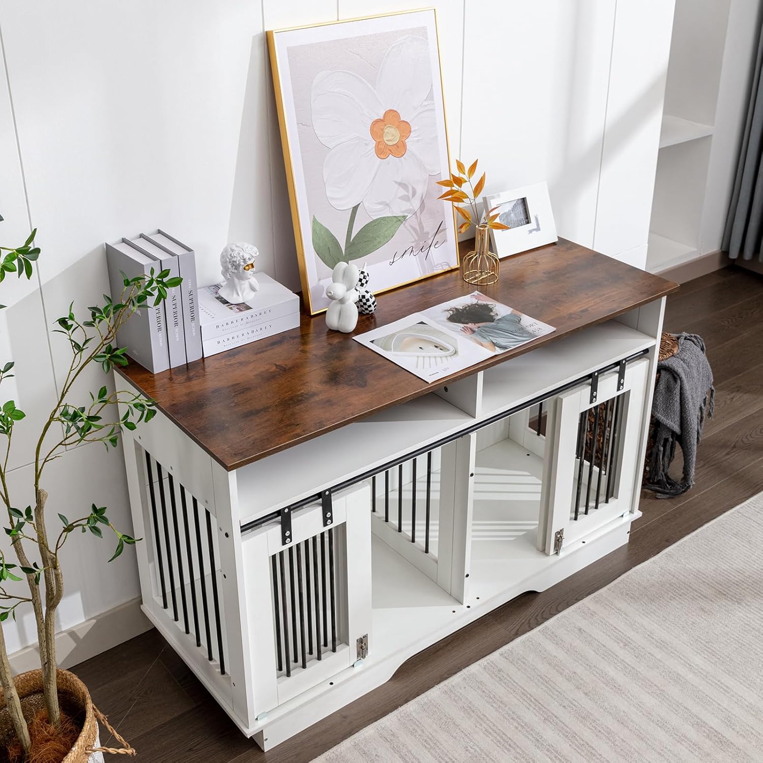 55" Double Dog Crate Furniture, 2-in-1 Wooden Dog Furniture End Table with Large Drawers, Heavy Duty Indoor Dog Kennel with Sliding Doors, Chew Resistant, for 2 Small/Medium Dogs,White