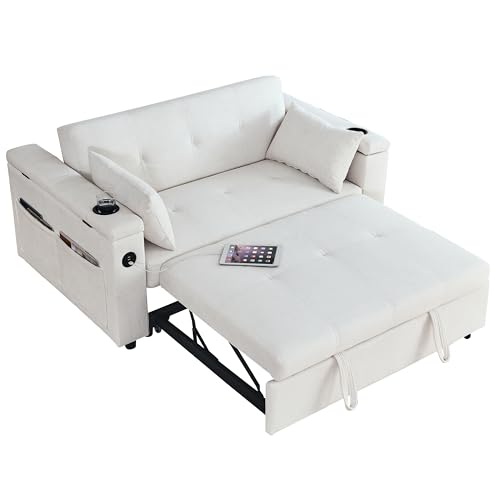 3 in 1 Convertible Sofa Bed 54" Pull Out Couch Bed Chenille 2-Seater Sleeper Sofa Bed with USB Power Outlet,Pillow and Side Pockets, Adjustable Backrest for Apartments, Office, Living Room (White)