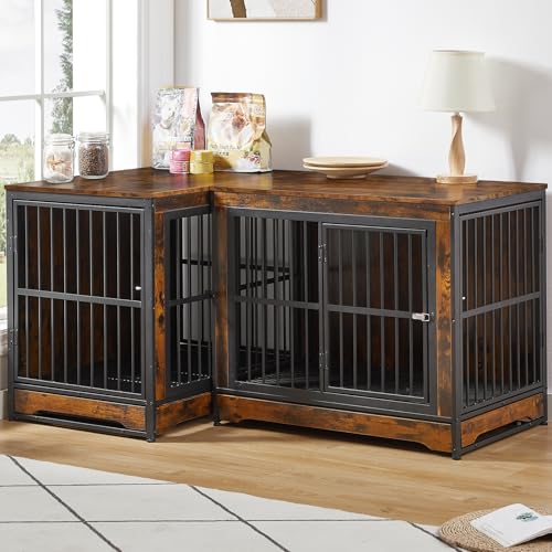 Rovibek 86" Extra Large Corner Dog Crate Furniture, Double Dog Kennel Furniture for 2 Large Dogs, Stackable Dog Crates Furniture with Removable Divider & Hidden Tray & 3 Doors