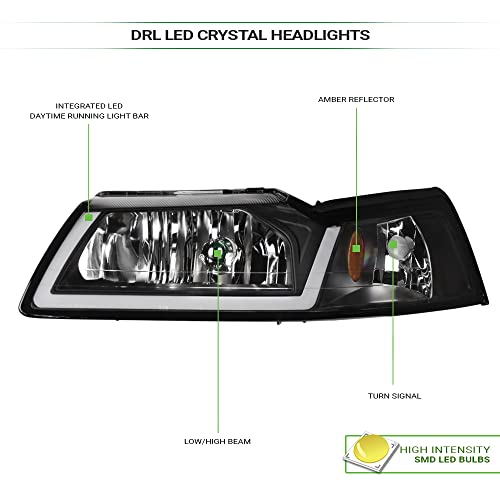 7422440591543 Compatible With 1999-2004 Ford Mustang Switchback Sequential LED Strip Bar Chrome Housing Headlights With Amber Reflector