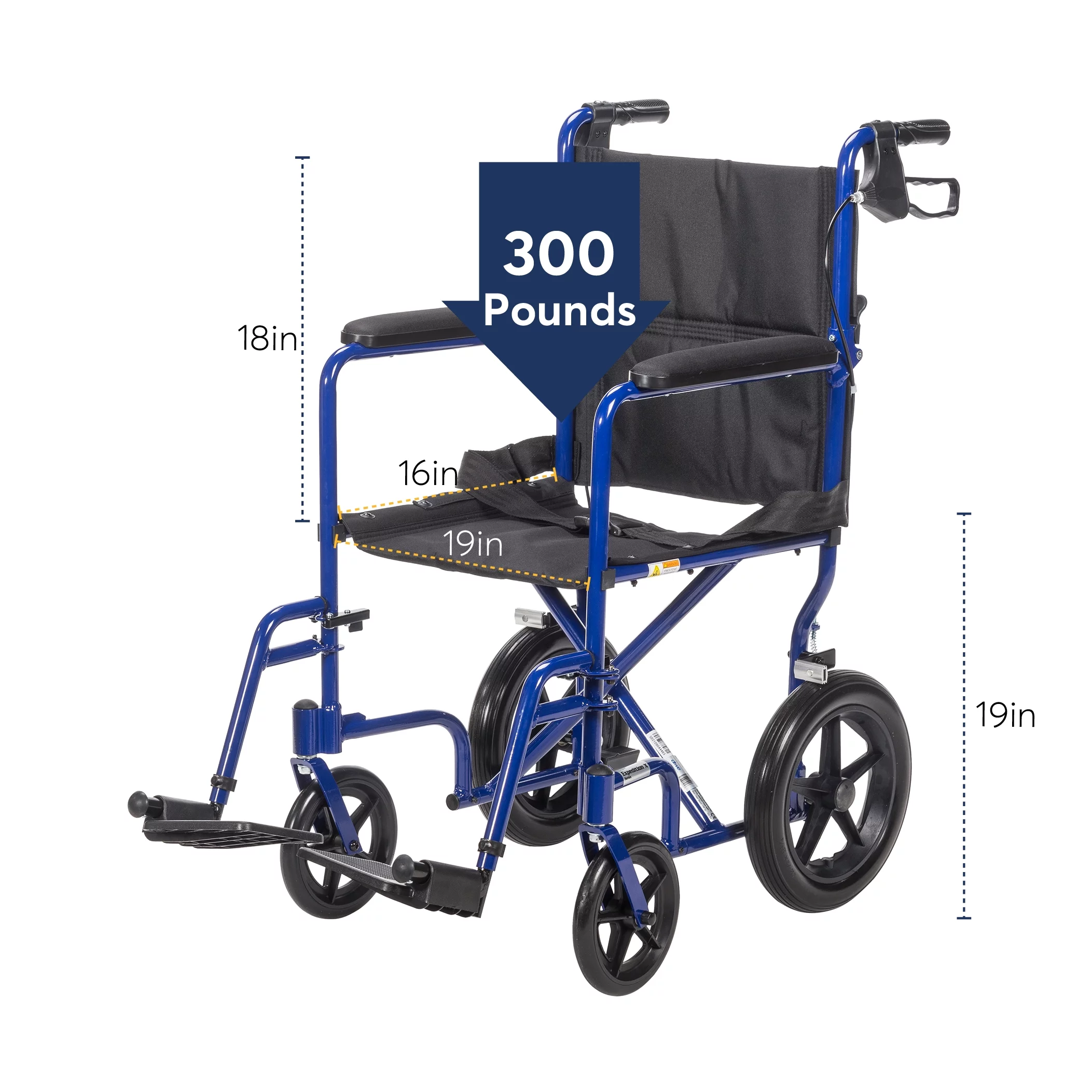 Drive Medical Lightweight Expedition Transport Wheelchair with Hand Brakes, Blue, 19" Seat