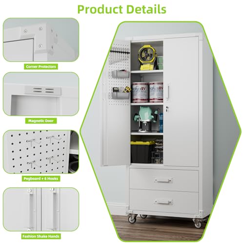 Aobabo 71" H×34" W×18" D Garage Metal Storage Cabinet with Wheels, Locking Steel Storage Cabinet with 5 Shelves and 4 Hooks, for Home Office, School, Assembly Required, Black Silver