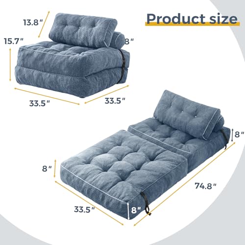 MAXYOYO Folding Sofa Bed, Convertible Sleeper Chair with Pillow Foldable Mattress with Back Support, Portable Fold Out Sofa Couch Fuzzy Fabric Comfy Floor Sofa Lounge for Living Room Apartment, Beige