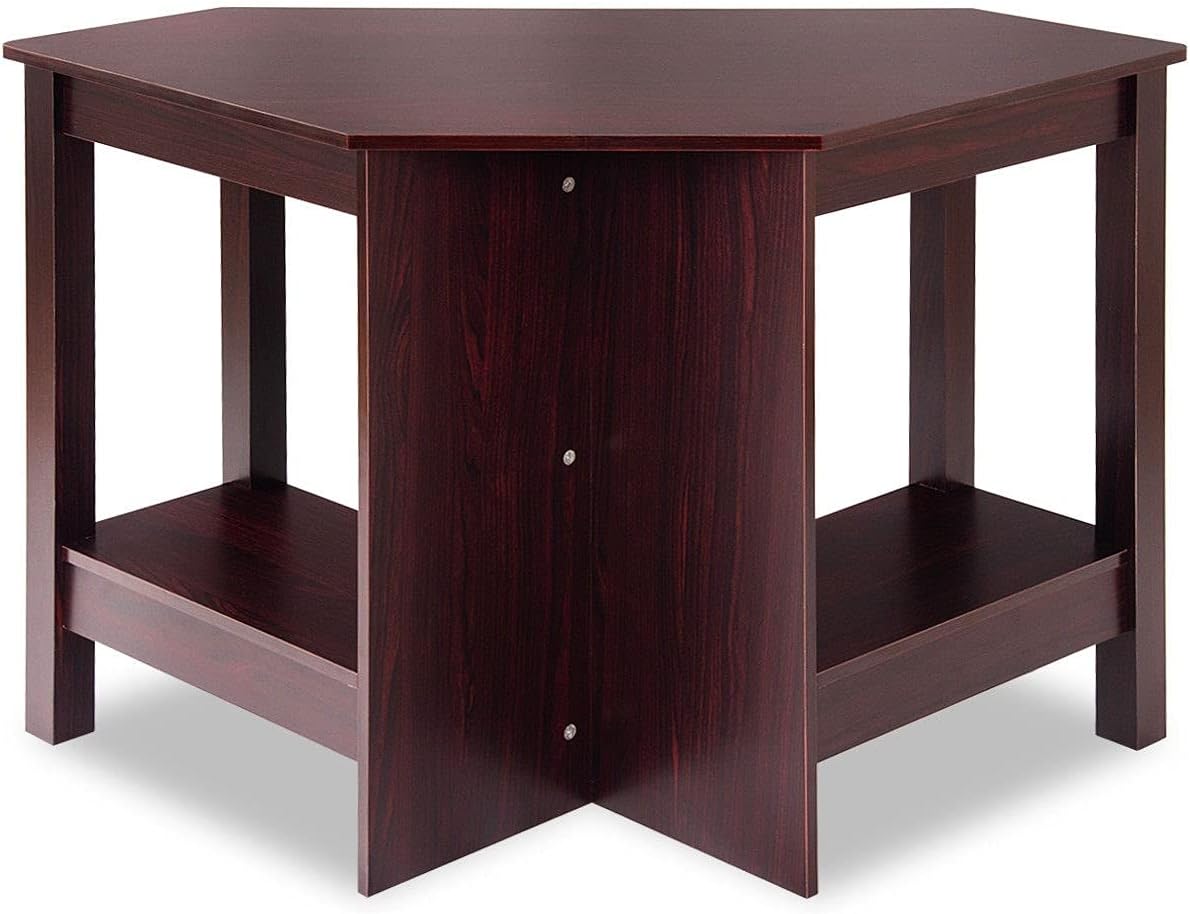Brown Wooden Home Office Corner Student Modern Computer Desk Laptop Notebook PC Workstation Study Writing Reading Versatile Multifunctional Multipurpose Table Keyboard Shelf 2 Open Storage Space