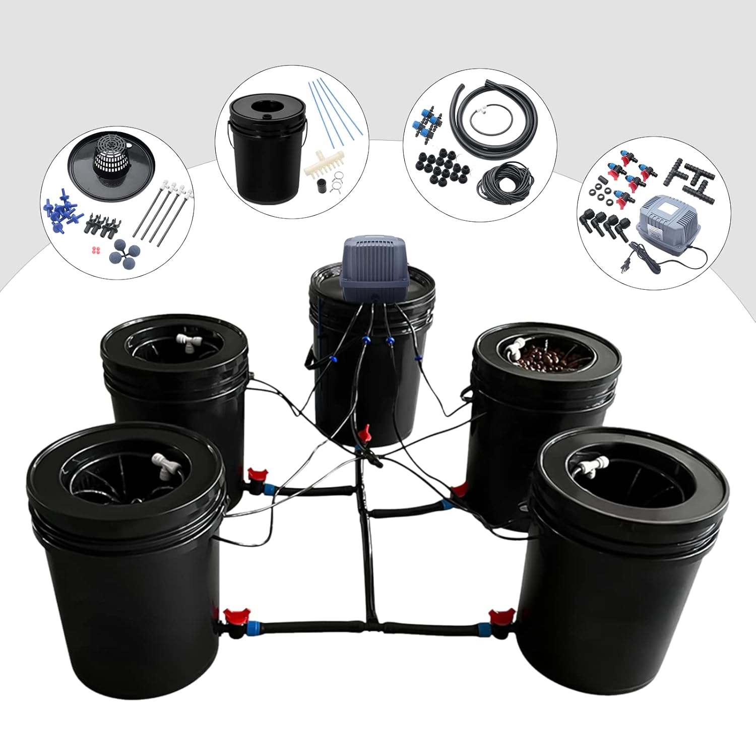 5-Gallon Deep Water Culture Hydroponics Grow System Kit with 5 Buckets, Recirculating Design, and Reservoir for Greenhouse and Indoor Growing – Ideal for Vegetables, Garden, and Balcony