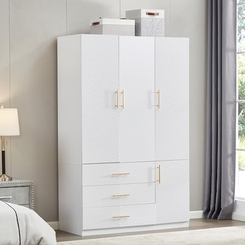White 4 Doors 3 Drawers Large Closet Cabinet Wardrobe Armoire Bedroom Freestanding Clothes Storage Organizer with Hanging Rod & Shelves, Bathroom Wooden Organizer (20.3"D x 63"W x 74.2"H)