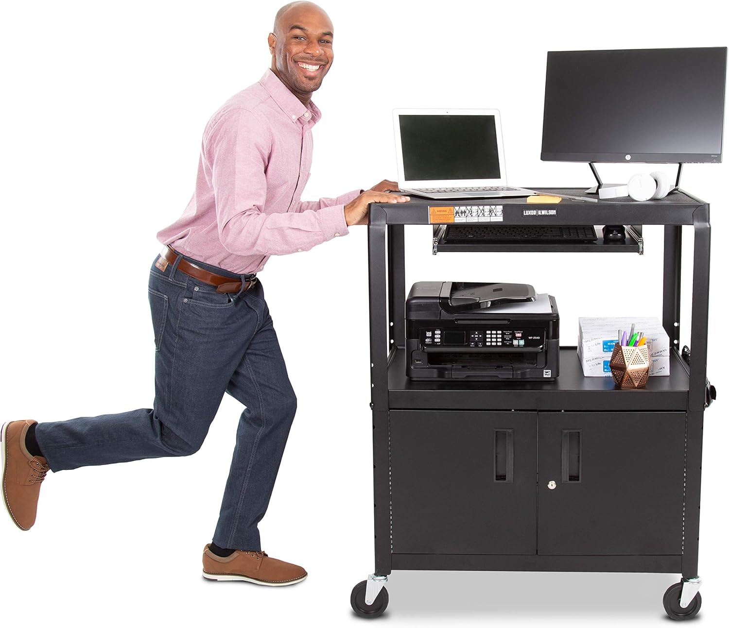 Line Leader Large AV Cart with Locking Cabinet | Height Adjustable Utility Cart | Includes Pullout Keyboard Tray & Cord Management | Easy Assembly (32in x 18in x 42in / Black)
