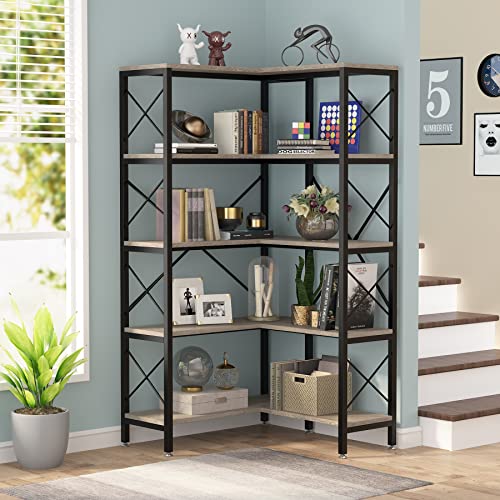 Tribesigns 5-Shelf Corner Bookshelf, Large Modern Corner Bookcase, 5-Tier Tall Corner Shelf Storage Display Rack with Metal Frame for Living Room Home Office (Grey)