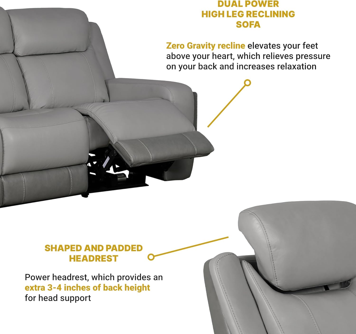 Armen Living Rosalyn Modern Zero Gravity Power Reclining Sofa with Dropdown Console, 87" Wide, Silver and Gray Top Grain Leather