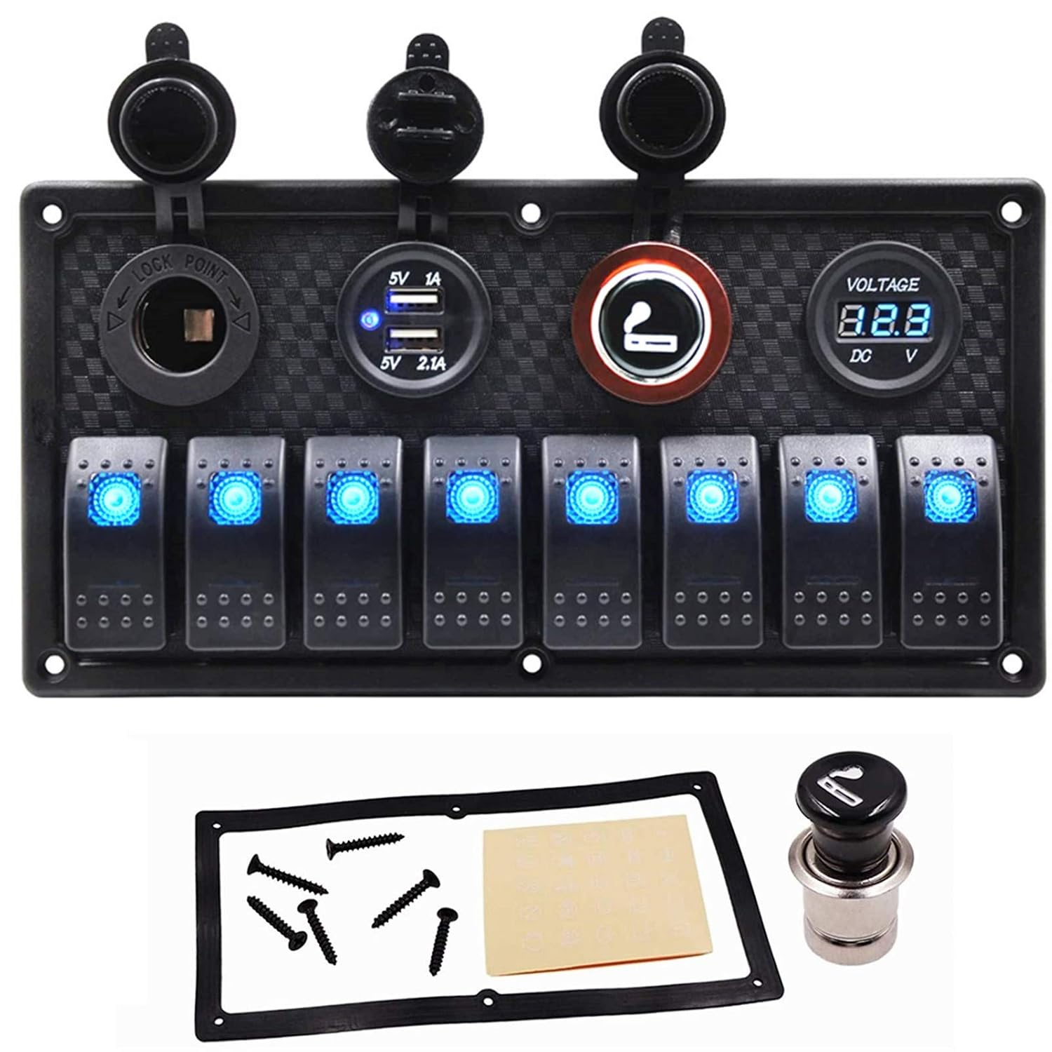8 Gang Boat Rocker Switch Panel Marine Switch Panel Waterproof 12V LED Aluminum Switch Panel Marine Toggle Switches for Car Truck Boat with 3.1A USB Charger Digital Voltmeter ON/Off (8Gang Green) Pack of 2