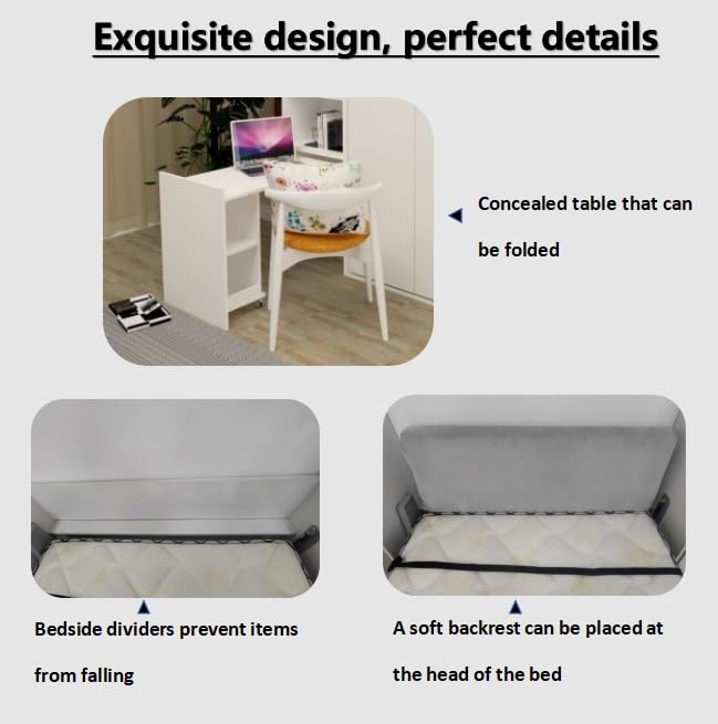 Full Size Vertical Murphy Bed with Shelf and Drawers for Bedroom or Guestroom White Wall Bed Space Saving Hidden Bed Gas Struts (White)