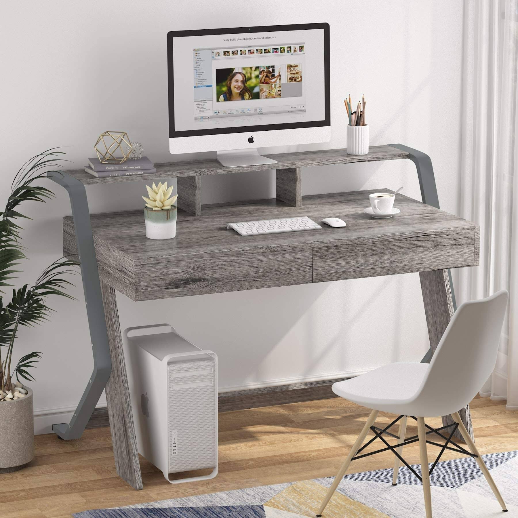Tribesigns 47'' Computer Desk with 2 Storage Drawers and Monitor Stand - Oak Gray - Wood Finish