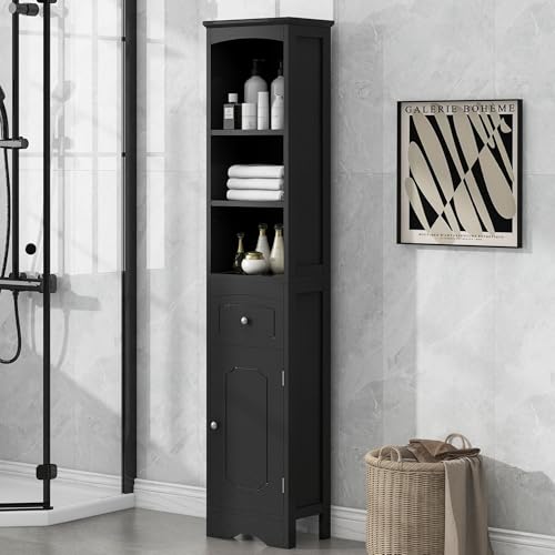 Tall Bathroom Cabinet,Narrow Storage Cabinet,Wooden Bathroom Cupboard with Door and Adjustable Shelf,Three Tier Shelves,Tall Slim Cabinet,Free Standing Linen Tower (Grey)