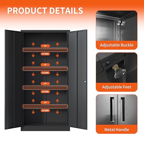 Metal Storage Cabinet with Wheels, Lockable Garage Cabinet with Doors and Shelves, Rolling Tool Storage, Assembly Required, Black