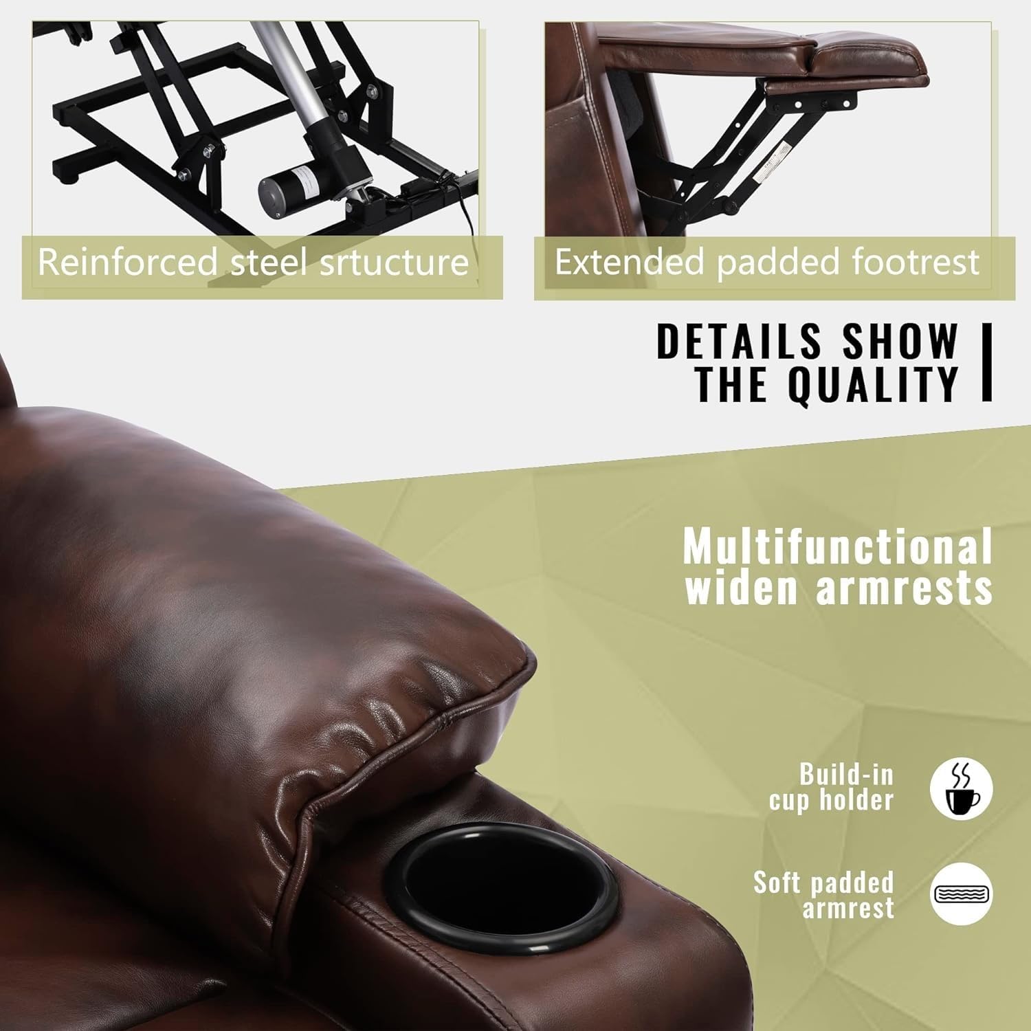 Leather Power Lift Recliner Chair for Elderly with Massage and Heated,Electric Lift Chair for Seniors,Cup Holders, Side Pocket and USB Port -Brown