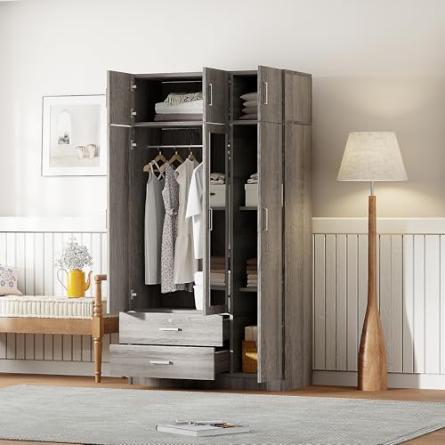 6-Door Armoire Wardrobe Closet with Mirror, 2 Drawers Wooden Armoire Closet Cabinet for High Storage Capacity, Bedroom Armoires with 1 Hanging Rod 41.3" L x 19.5" W x 81.1" H