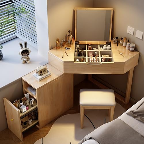Vanity Desk with Storage Cabinet, Solid Wood Corner Makeup Vanity with Flip-Top Mirror, Expandable Cupboard, Stool, dresser with mirror, makeup table for Small Bedroom (White)