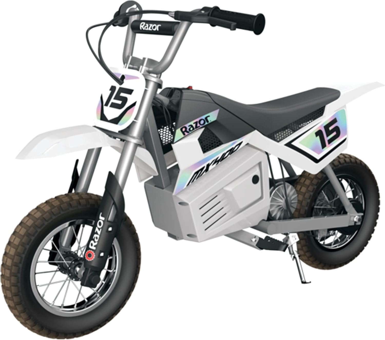 Razor Dirt Rocket 24 Volt Electric Toy Motocross MX400 Dirt Bike with Hand-Operated Brakes and Retractable Kickstand, White (2 Pack)