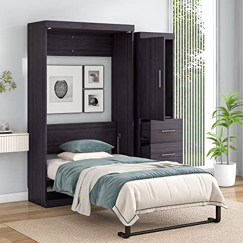 DEINPPA Full Size Murphy Bed with Convertible Wardrobe Farmhouse Style Murphy Cube Cabinet Bed, Wall Bed with Drawers and Shelf for Guest Room Home Office-Antique Wood