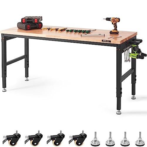 VEVOR 60" Adjustable Workbench, Heavay Duty Workstation 2000 LBS Load Capacity, with Power Outlets & Rubber Wood Top & Metal Frame & Foot Pads, for Workshop Office Home Garage