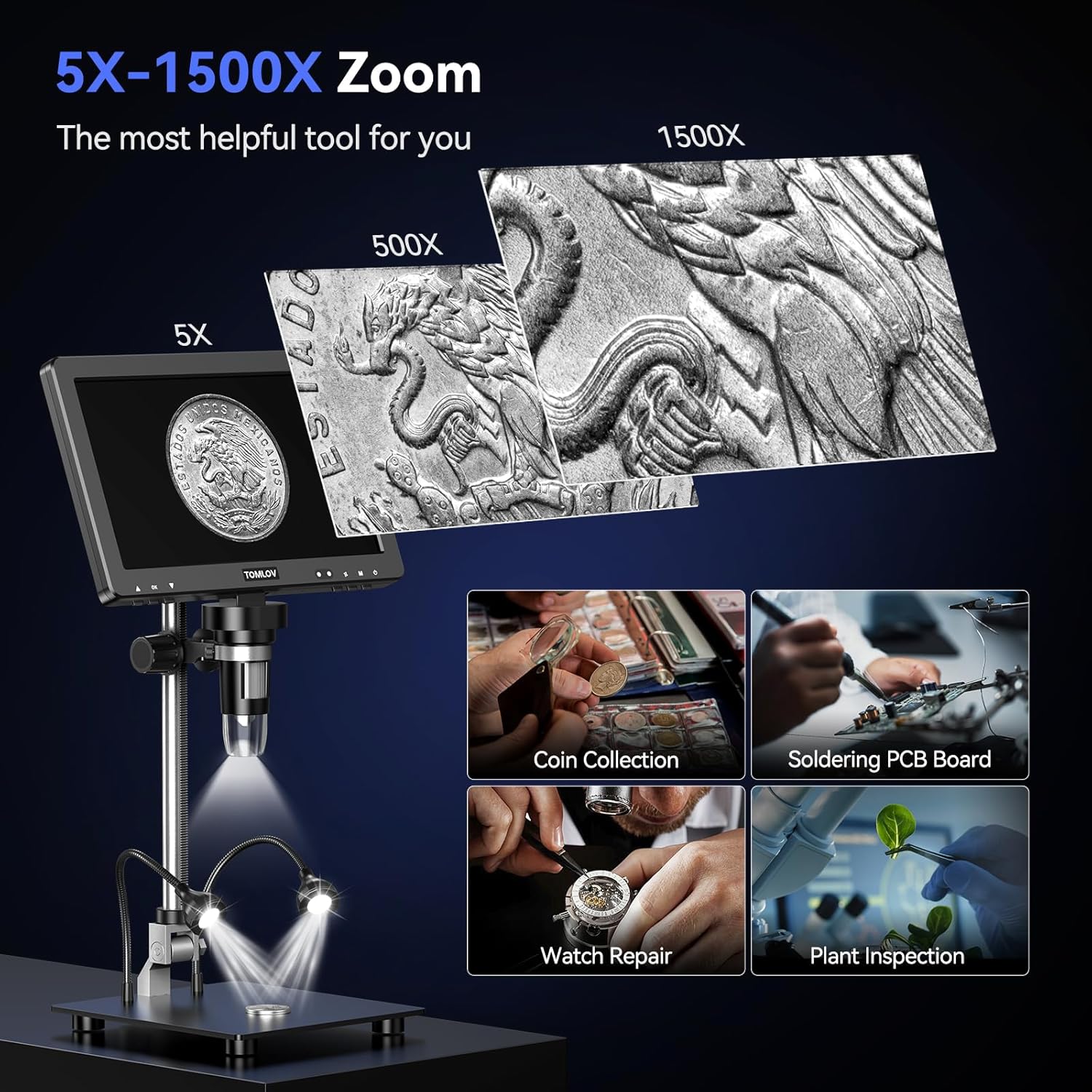 TOMLOV DM9 Max 10.1" HD IPS HDMI Digital Microscope 1500X, 20MP Coin Microscope Magnifier for Error Coins with Screen, LCD Soldering Microscope for Adults, 10 LED Lights, PC/TV Compatible, 64GB