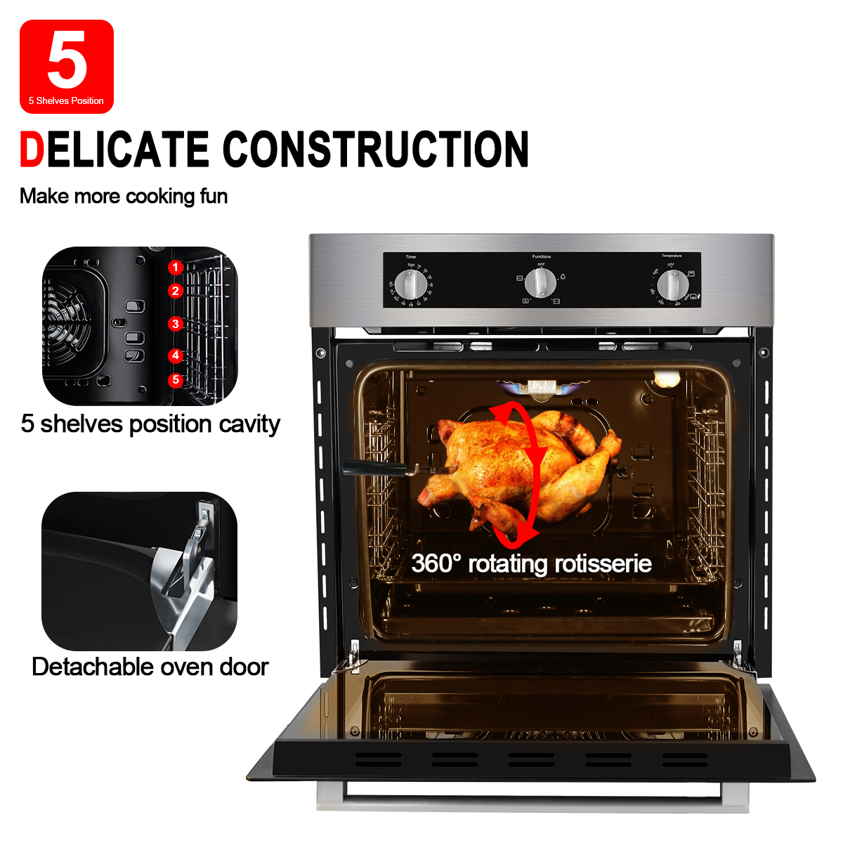GASLAND Chef 24" Built-in Natural Gas Oven, 6 Cooking Function Convection Gas Wall Oven with Rotisserie,Stainless Steel,CSA