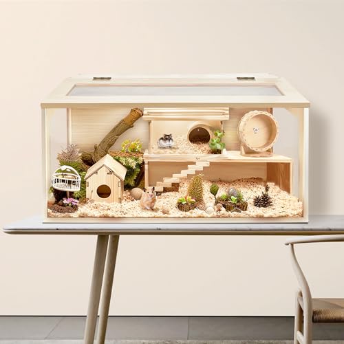 Hamster Cage Wooden Extra Large Mice and Rat Habitat Openable Top with Acrylic Sheets Solid Built Small Animal Cage (32 x 16 x 16 Inch)