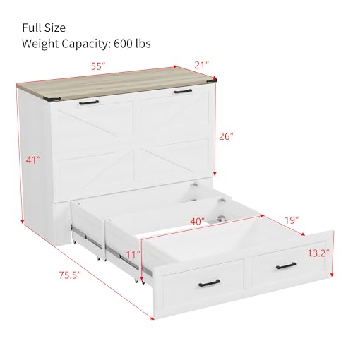 Wooden Murphy Cabinet Bed Frame with Charging Station, Full-Size Foldable Wall Bed with Large Storage Drawer for Home Apartment Limited Living Places, Space-Saving Hidden Bed No Box Spring Needed