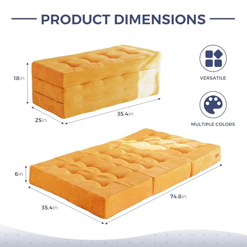 MAXYOYO Tri-Fold Mattress, 6 Inch Tufted Folding Mattress Full Foam Bed, Foldable Floor Mattress Guest Bed Mattress Topper Portable Camping Sleeping Bed with Corded Fabric, Black, 53"x75"