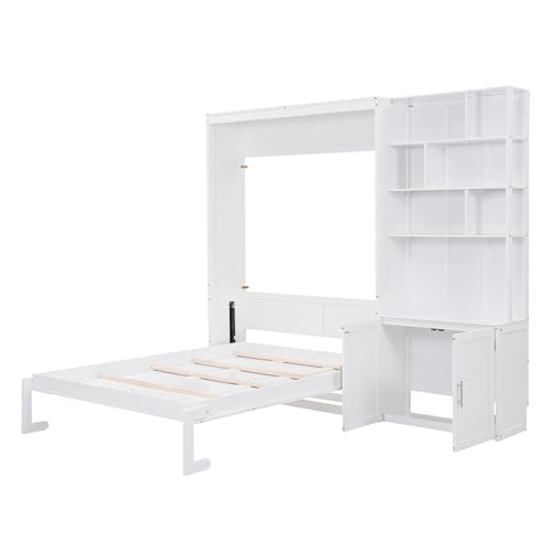 Queen Size Murphy Bed with Desk, 68 inch Murphy Bed Frame, Solid Wood Foldable Platform Bed,Foldable Cube Cabinet Queen Platform Bed, Space-Saving Wall Bed for Guest Room Home Office, White
