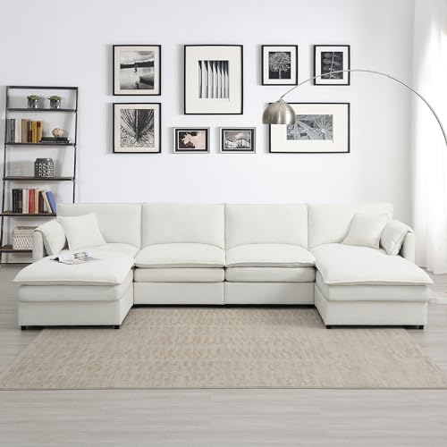 Modular Sectional Sofa U Shaped Sofa Couches with 2 Ottoman, Modern Chenille L Shaped Comfy Cloud Couch Living Room Set, 6-Seater Deep Modular Sectional Corner Couch with Double Cushions, Cream