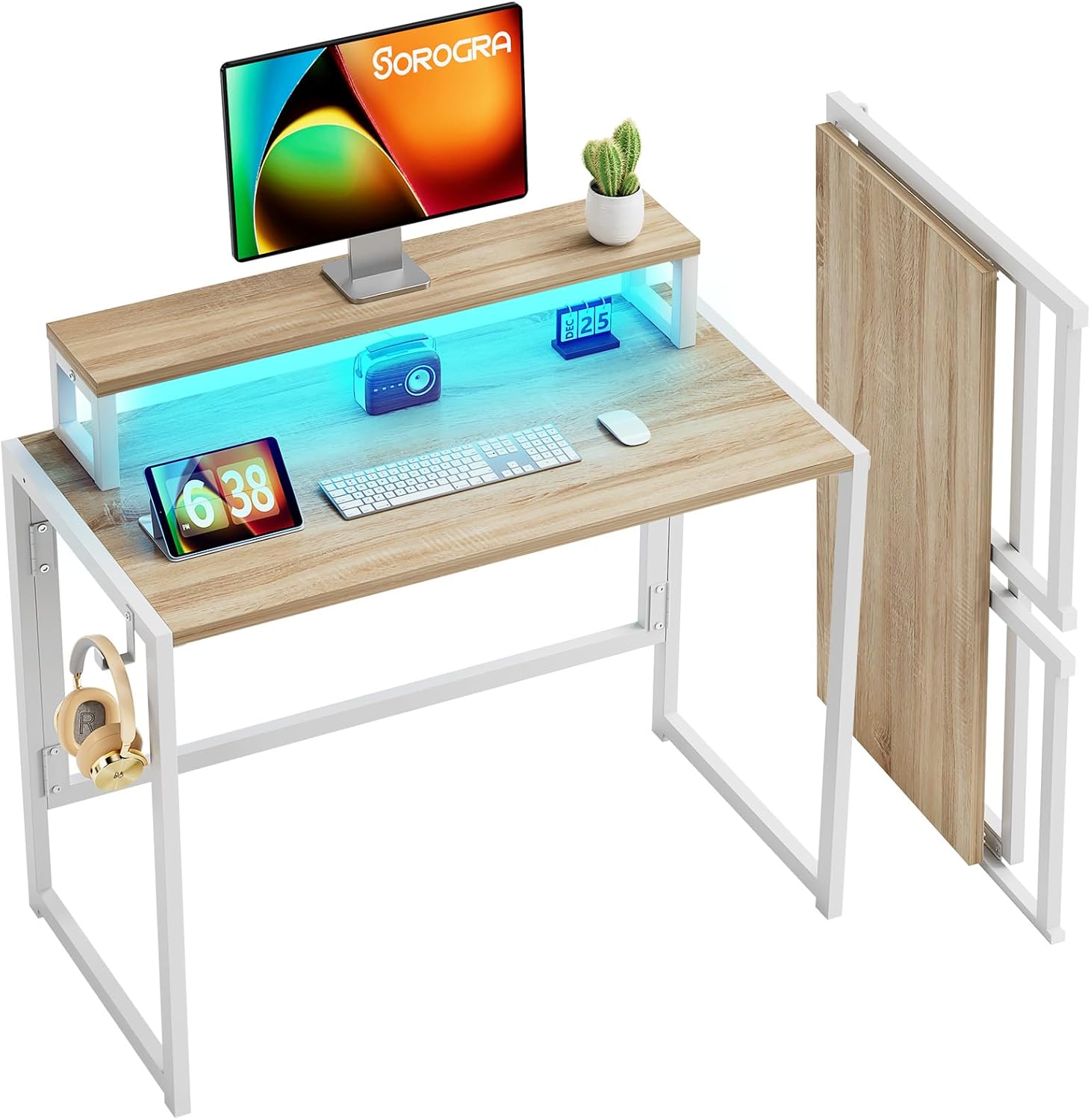 Coavas 31.5 inch Folding Desk No Assembly Required, SOROGRA Folding Desk Small Foldable Desk 31.5 inch with Led Lights for Small Space