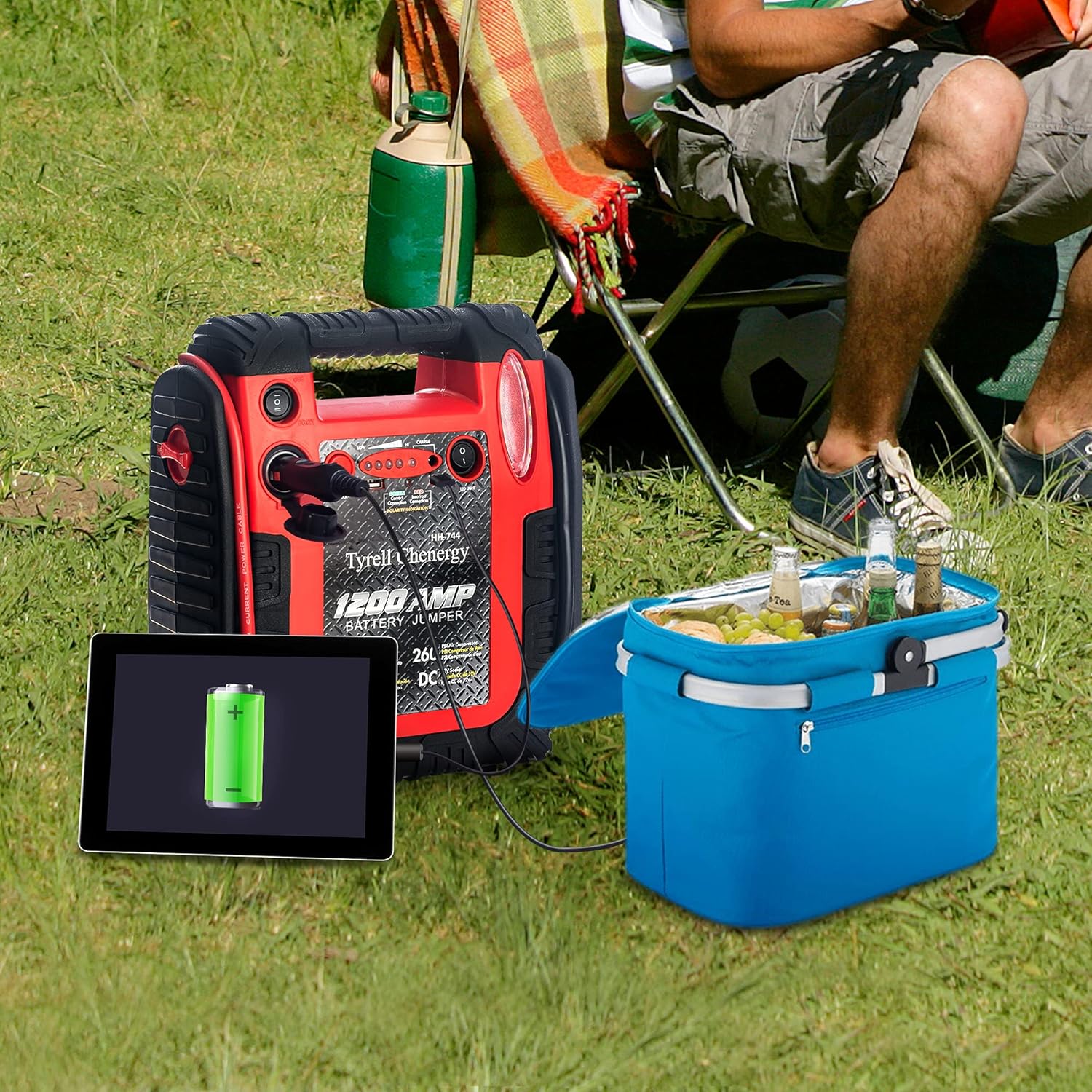 Jump Starter 1200Amp 12V Car Starter Power Station with 260 PSI Air Compressor 5V/2.1A USB DC Sockets 12V for Your Outdoor Trip