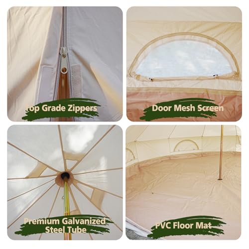 Cotton Canvas Bell Tent, Waterproof Large Tents with Sturdy Center & Door Pole and Space for 4/6/8 Person All 4 Season Camping Yurt Tent
