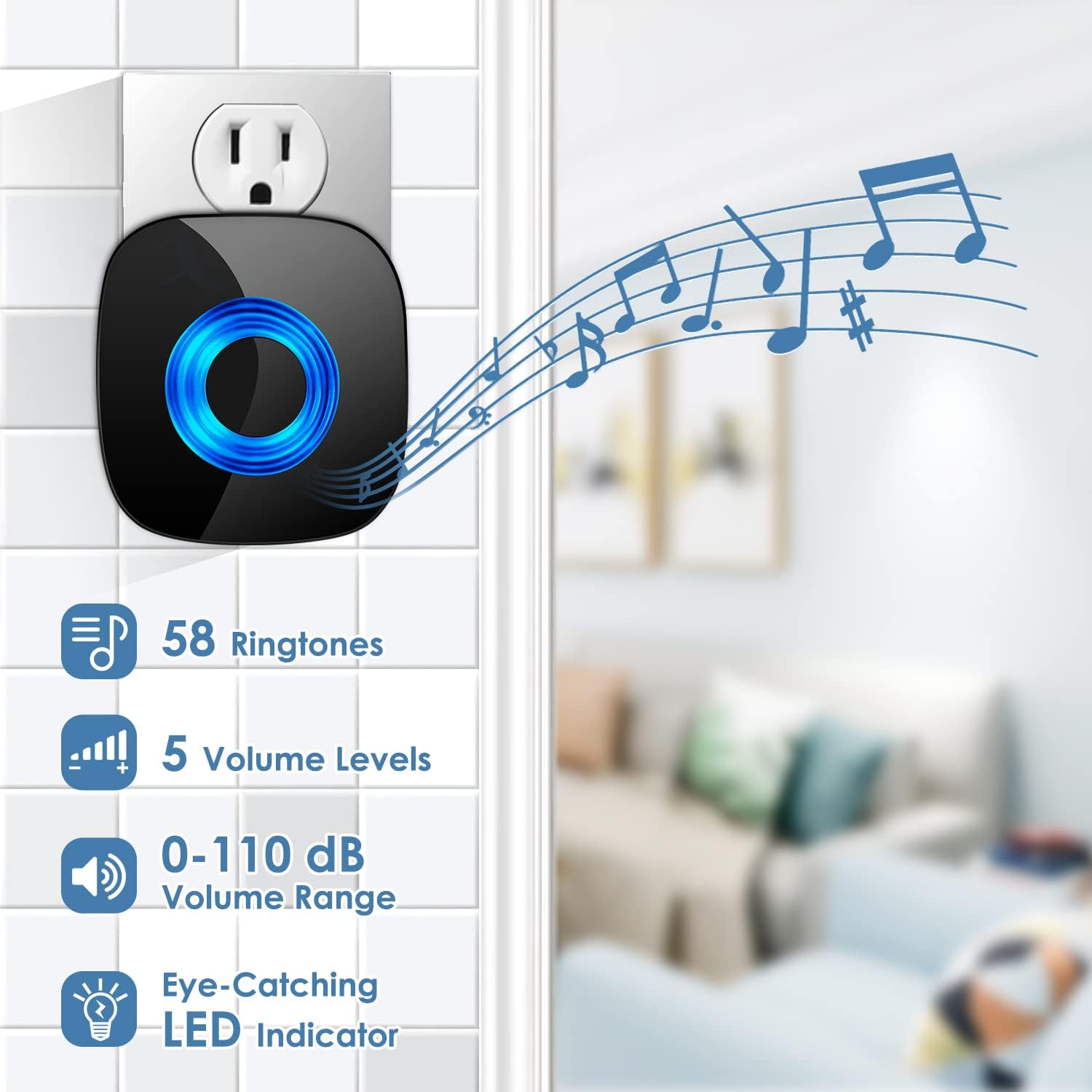 Wireless Doorbell for Home, Waterproof Door Chime Kit Operating at 1300-ft 58 Adjustable Melodies & 5 Volume Levels -PHYSEN Door Bell Wireless with LED Strobe, 2 Push Buttons + 4 Plug in Receivers Pack of 2