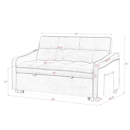 57.1" Convertible Sofa Bed, 3 in 1 Multi-Functional Lounge Chair Sleeper Loveseat , Pull Out Couch Guest Bed Futon Sofabed Sofacama with Adjustable Backrest and Side Pockets for Living Room Office