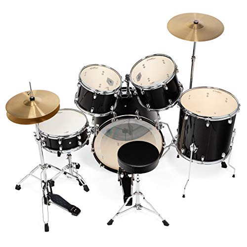 Ashthorpe 5-Piece Full Size Adult Drum Set with Remo Heads & Premium Brass Cymbals - Complete Professional Percussion Kit with Chrome Hardware - Red