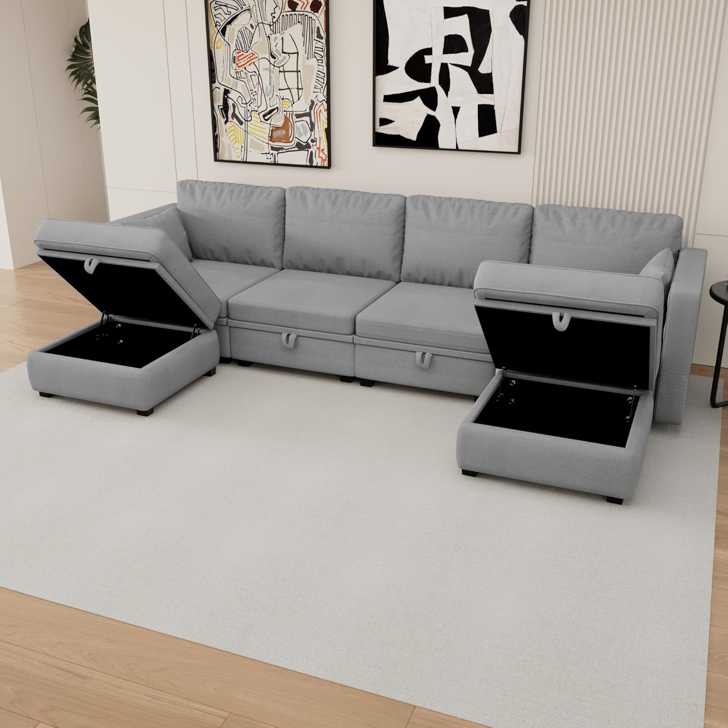 UBGO Living Room Furniture Set,U-Shape, 110" Extra Wide Reversible Chaise,Modular Sofa with Storage, Cozy Linen 6-seat Convertible Sectional Couch (Gray)
