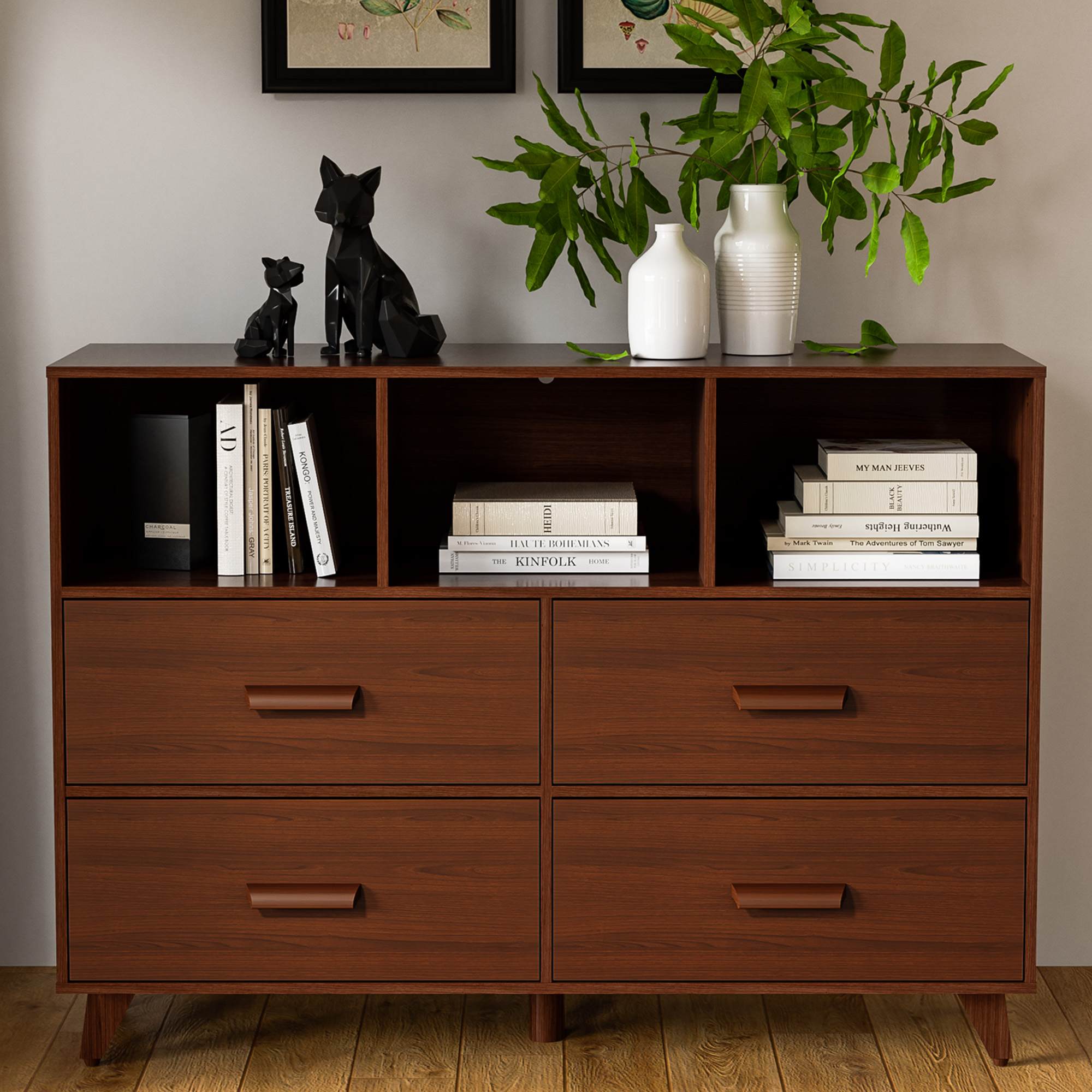 Cozy Castle Dresser Chest for Bedroom, 4 Drawers Chest with 3 Open Shelves, Wood Dresser Drawer Organizers for Kids Bedroom, Mid-Century Modern Dresser for Bedroom, Living Room, White and Brown