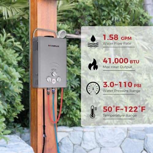 CAMPLUX 2.64 GPM Propane Portable Gas Water Heater, 68,000 BTU Outdoor Tankless Camping Water Heater with Digital Display, White