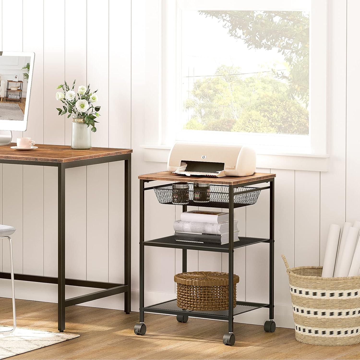 HOOBRO Mobile Printer Stand, 3-Tier Printer Cart with Storage Shelf, Adjustable Metal Mesh Basket, Machine Cart on Wheels, Industrial Style in Home Office, Rustic Brown and Black BF23PS01