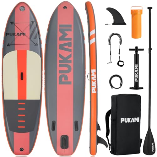 PUKAMI Inflatable Paddle Board for Adults,10.6' Stand Up Paddle Board with Premium SUP Accessories & Carry Bag,Paddle,Pump,Leash,Wide Stable Design,Non-Slip Deck,Surf Control for Youth