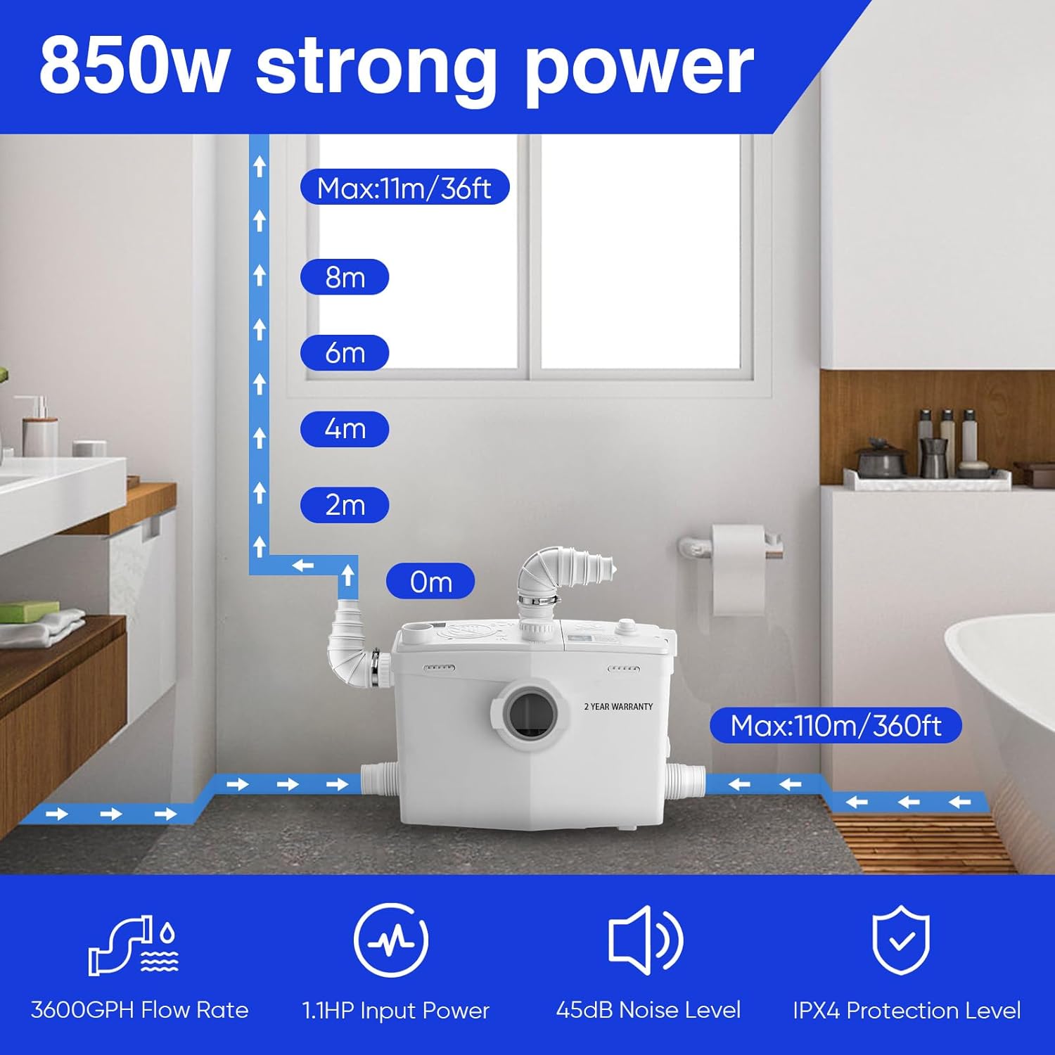 Upflush Toilet with 850 watt Macerating Pump, Two Piece Toilet for Basement, Dual Flush Elongated Toilet, 4 Water Inlets for Kitchen Sink Shower, AC Vents, Automatic Disposal Pump, 36ft Vertically